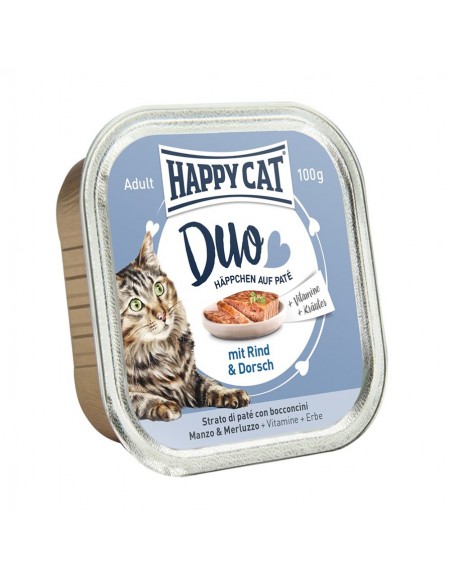 Happy Cat Duo Menu Βοδινό - Μπακαλιάρος 100g Happy Cat Υγρή Τροφή - 1