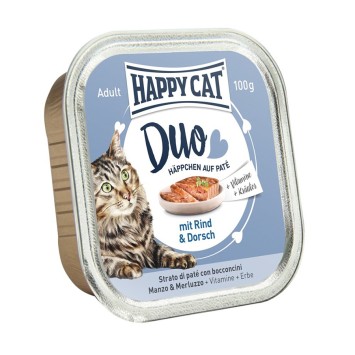 Happy Cat Duo Menu Βοδινό - Μπακαλιάρος 100g Happy Cat Υγρή Τροφή - 1