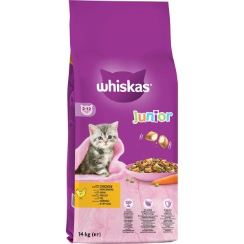 WHISKAS® Junior Πλήρης Ξηρή Τροφή Γάτας Γεμιστές Κροκέτες Κοτόπουλο και Γάλα 14kg