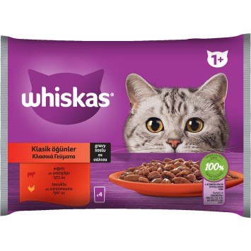 WHISKAS® Φακελάκι Adult Πλήρης Υγρή Τροφή Γάτας Επιλεγμένο Κρέας σε Σάλτσα 4x85g
