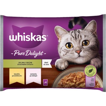 WHISKAS® PURE DELIGHT Adult Πλήρης Υγρή Τροφή Γάτας Επιλεγμένες Ποικιλίες σε Ζελέ Φακελάκι 4X85g