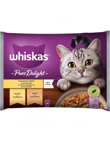 WHISKAS® Pure Delight Adult Πλήρης Υγρή Τροφή Γάτας Τρυφερά Κομμάτια Πουλερικών σε Ζελέ Φακελάκι 4x85g