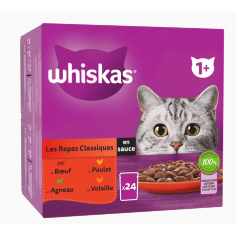 Whiskas Πολυσυσκευασία Φακελάκια σε Ζελέ με Κοτόπουλο, Μοσχάρι 24x85gr